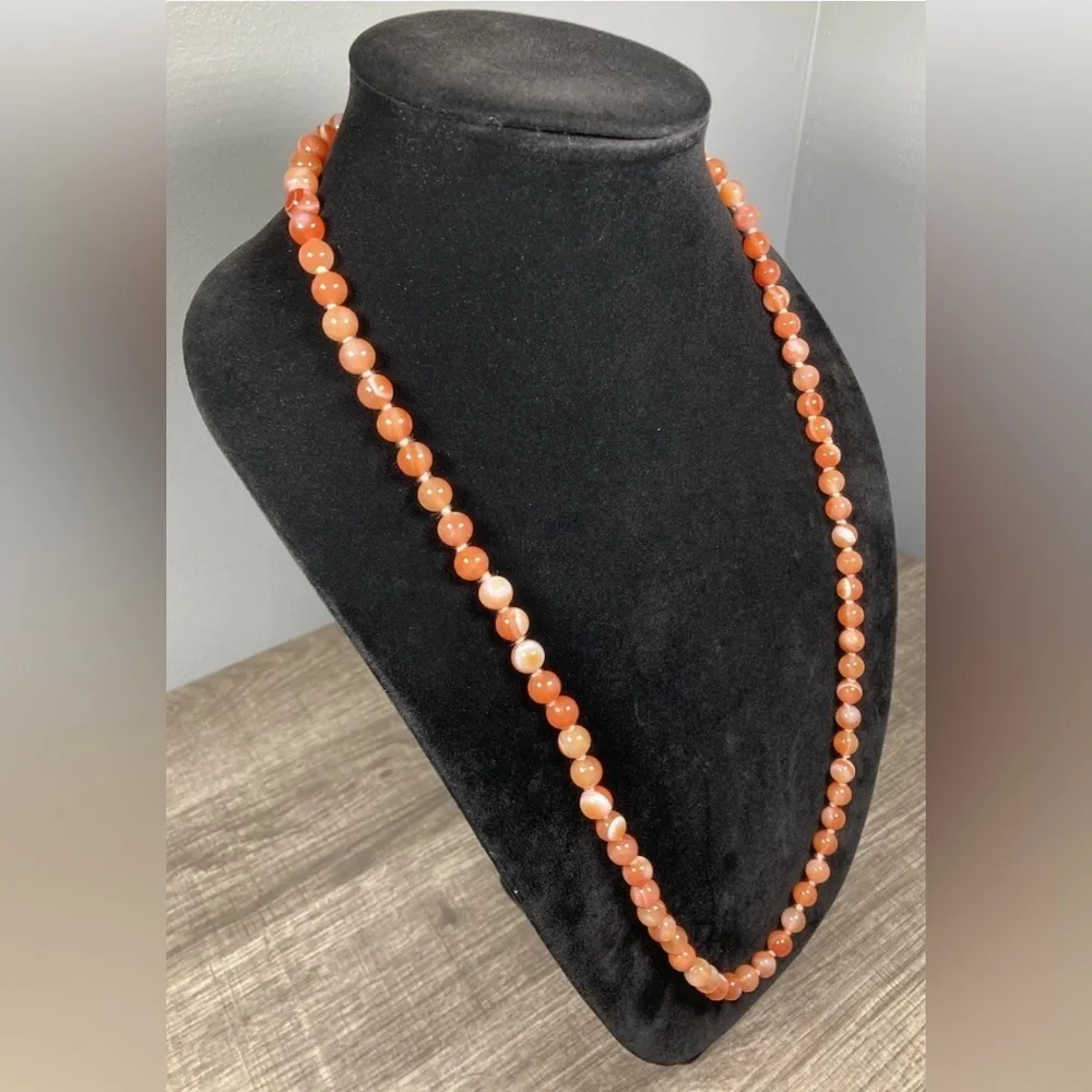 Coral Orange Stone Necklace Banded Agate Round Bead Hand Tied 30” Vintage